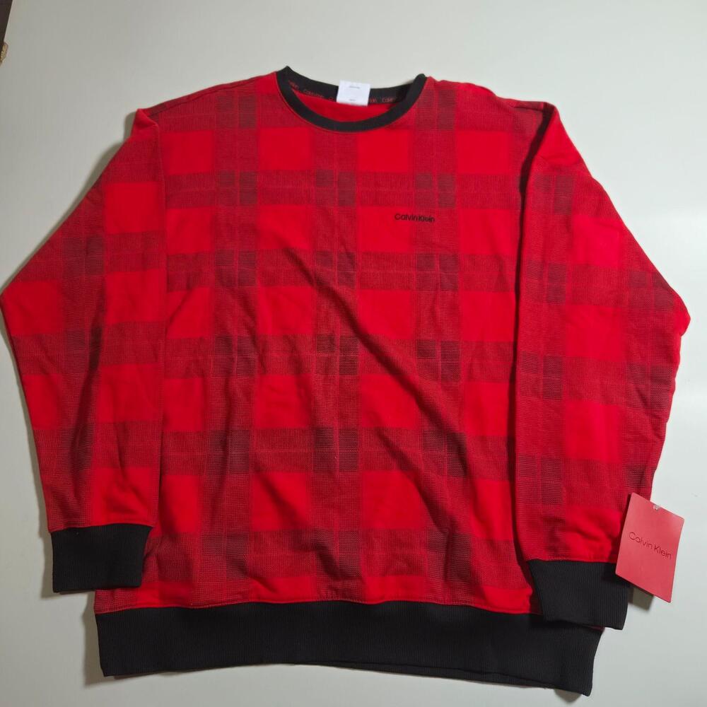 Calvin Klein Pajama Top Mens Medium Red Plaid Sleepwear Long Sleeve Knit Lounge